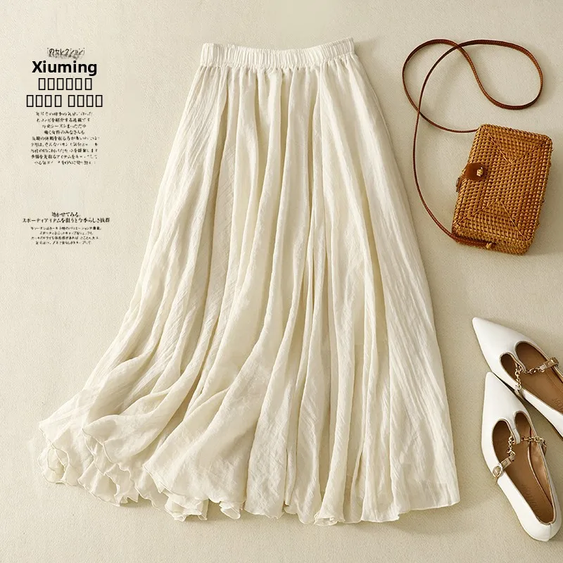 

Художественная плиссированная льняная юбка А-силуэта миди для женщин, летняя повседневная, с эластичной талией, антивозрастная, двухслойная, струящаяся