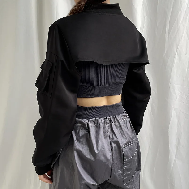 HOUZHOU Techwear Versatile Long Sleeve Zipper Cropped Bomber Jacket with Solid Flap Pockets for Women Irregularly Aesthetic