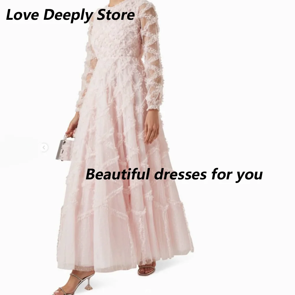 Rosa formelles Abendkleid, maßgeschneidert, O-Ausschnitt, lange Ärmel, Tüll, A-Linie, Abendkleid für Damen, 2026, knöchellanges Partykleid – Detail 2