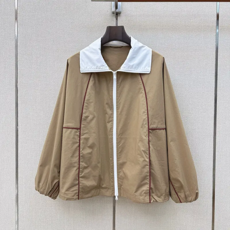 2026 Color-block Piping Lapel Zipper Drop-shoulder Loose Jacket