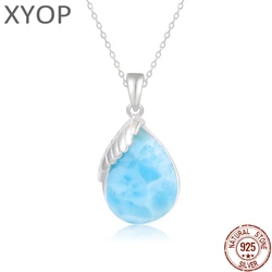 925 Sterling Silver Jewelry Classic Pendant Necklace Natural Precious Larimar Retro Flower Woman Sea Wave Fashion Rhodium Plated