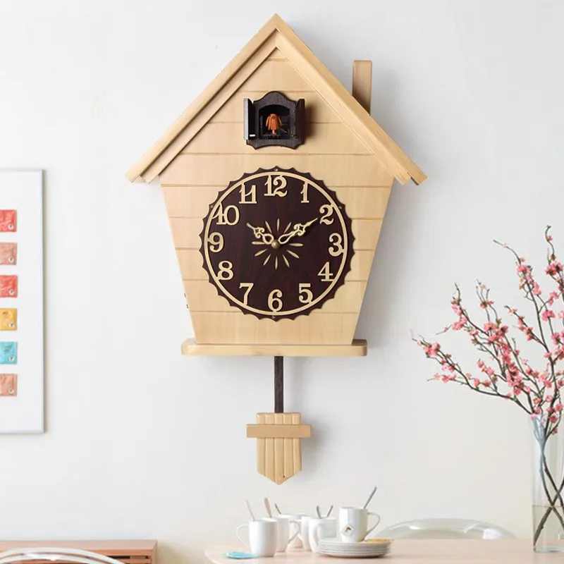 Modern Simple Solid Wood Cuckoo Wall Clock Cuckoo Silent Smart Time Clock Children's Room Living Room