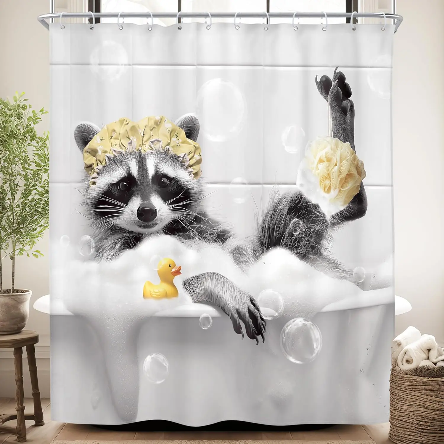 

Raccoon Bathing Shower Curtain Funny Animal Print for Kids Bathroom Decor