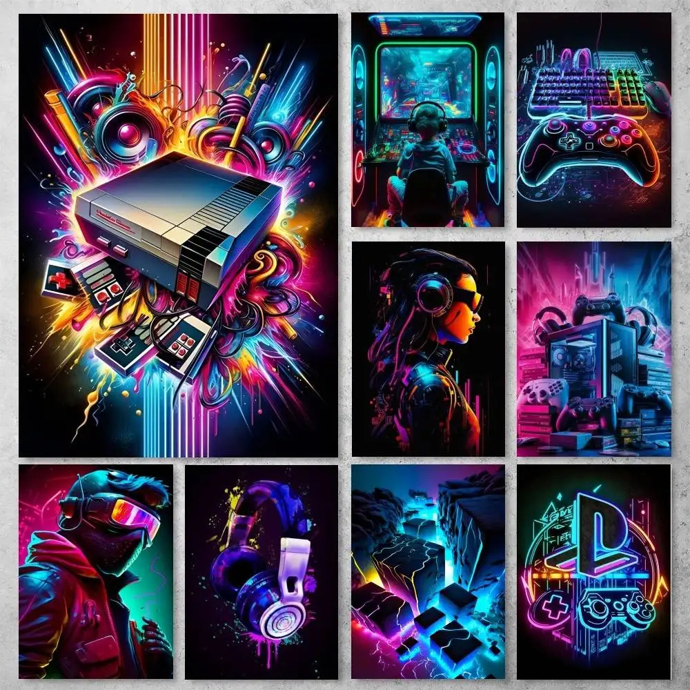 1pc Neon Video Game Character Poster HD Home Decor Sticky Wall Waterproof Home Living Room Bar Aesthetic Decor
