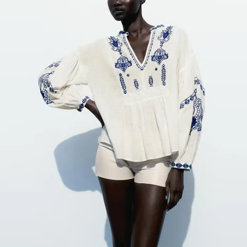 

Loose Long Sve V-Ne Beaded Embroidery irt Women's Spring 2025 New Sle Casual Faion Polyester Fiber Z Brand