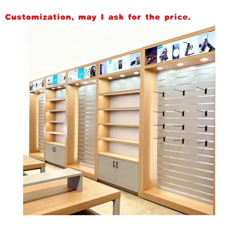

custom.Custom Cellphone Repair Shop Decoration Modern Mobile Phone Shelves Phone Mdf Melamine Slatwall Display Board With