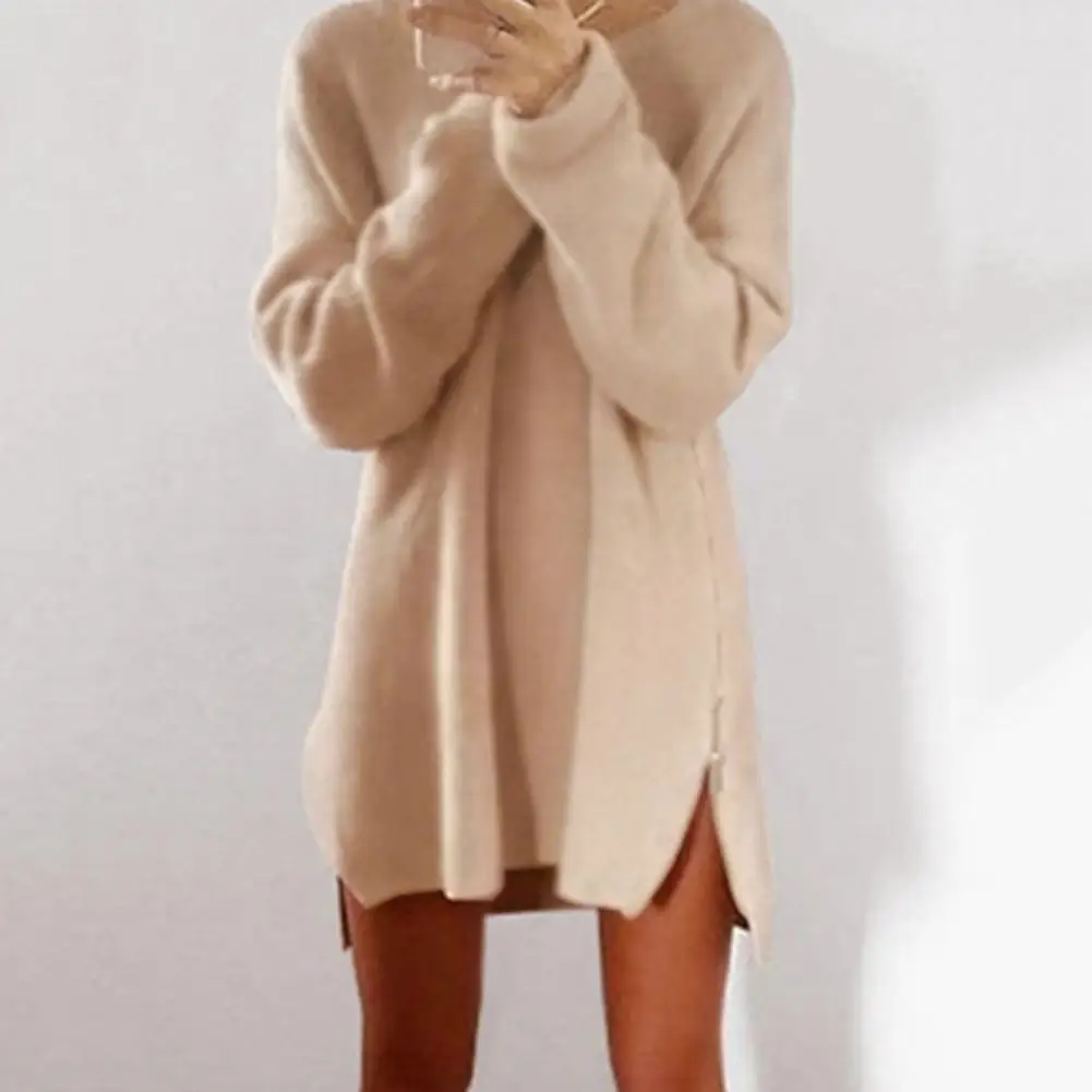 Furry Dress O-neck Long Sleeve Sideway Zip Loose Short Knitted Sweater Dress Autumn Loose Oversized Women Pullovers pull femme