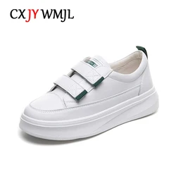 CXJYWMJL Genuine Leather Women Platform Sneakers Spring Hook & Loop Little White Shoes Ladies Casual Thick Sole Vulcanized Shoes