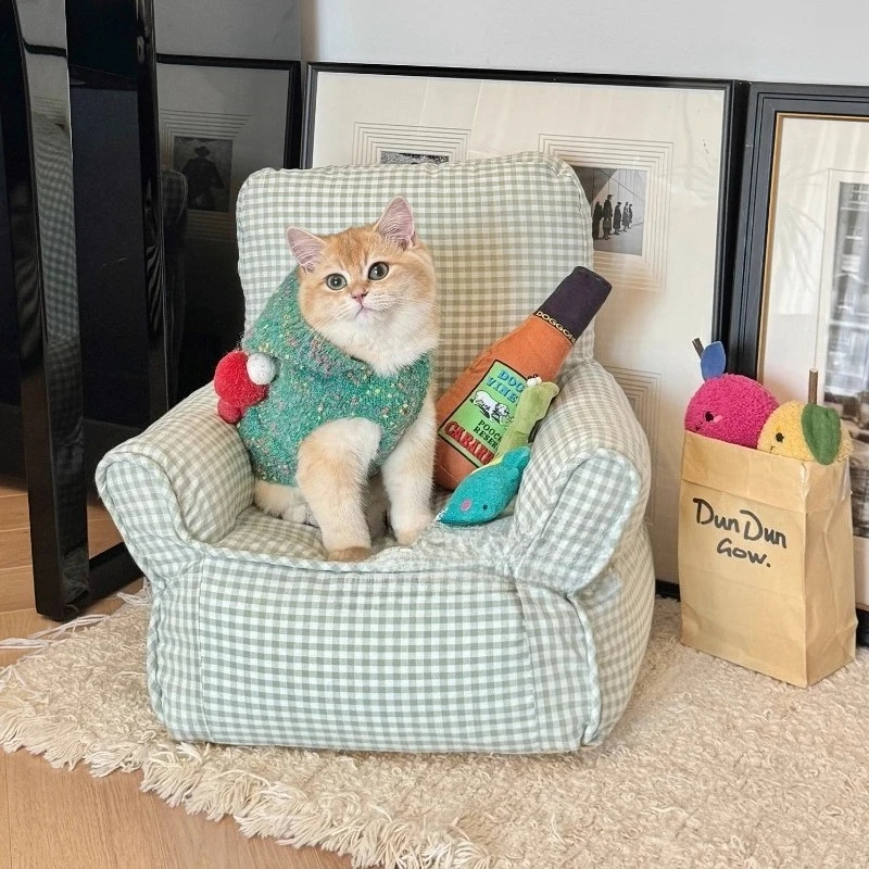 Sofa Hewan Peliharaan Gaya Korea Tempat Tidur Kucing Mini Kotak-kotak untuk Anjing Kecil Kursi Kain Dapat Dicuci Furnitur Hewan Peliharaan Kursi Hewan Peliharaan Anak-anak Nyaman