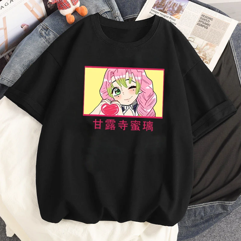 Women Demon Slayer Kanroji Mitsuri Yaiba Prints Clothes Streetwear Print Loose Tops Summer Black T-shirt Anime Cartoon T Shirt