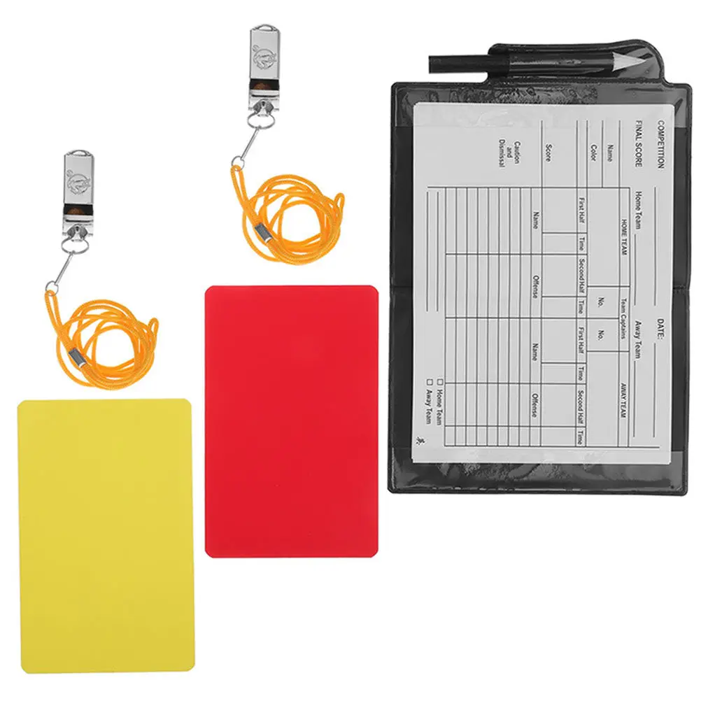 

Набор для футбольного судьи: профессиональные карточки для штрафов, металлические свистки, блокнот, ручка для ведения записей, портативный кошелек судьи.