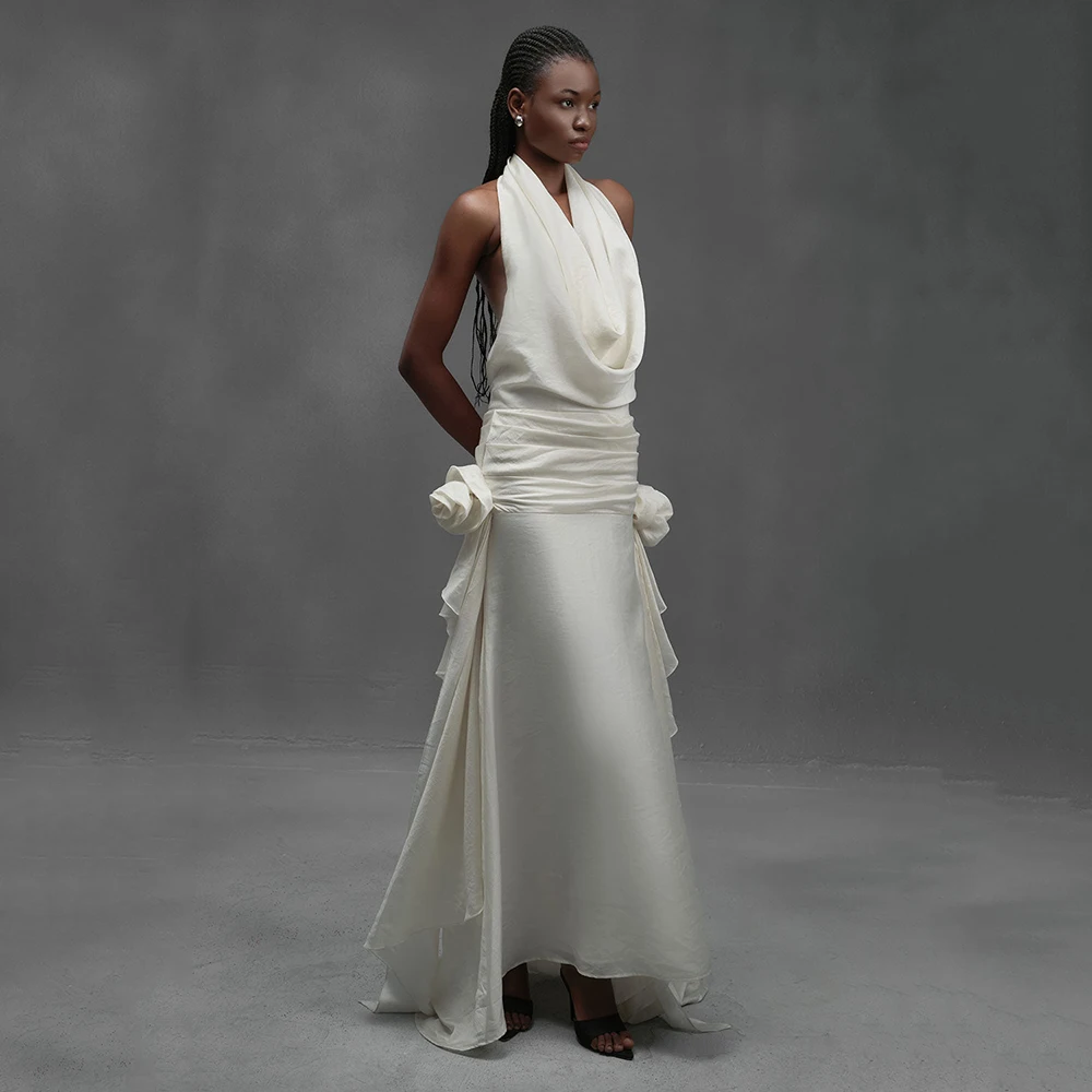 

Customized Halter Neckline Pleat Satin Evening Dress Flower Watteau Train Backless Party Dress A-line Ankle Length Prom Gown
