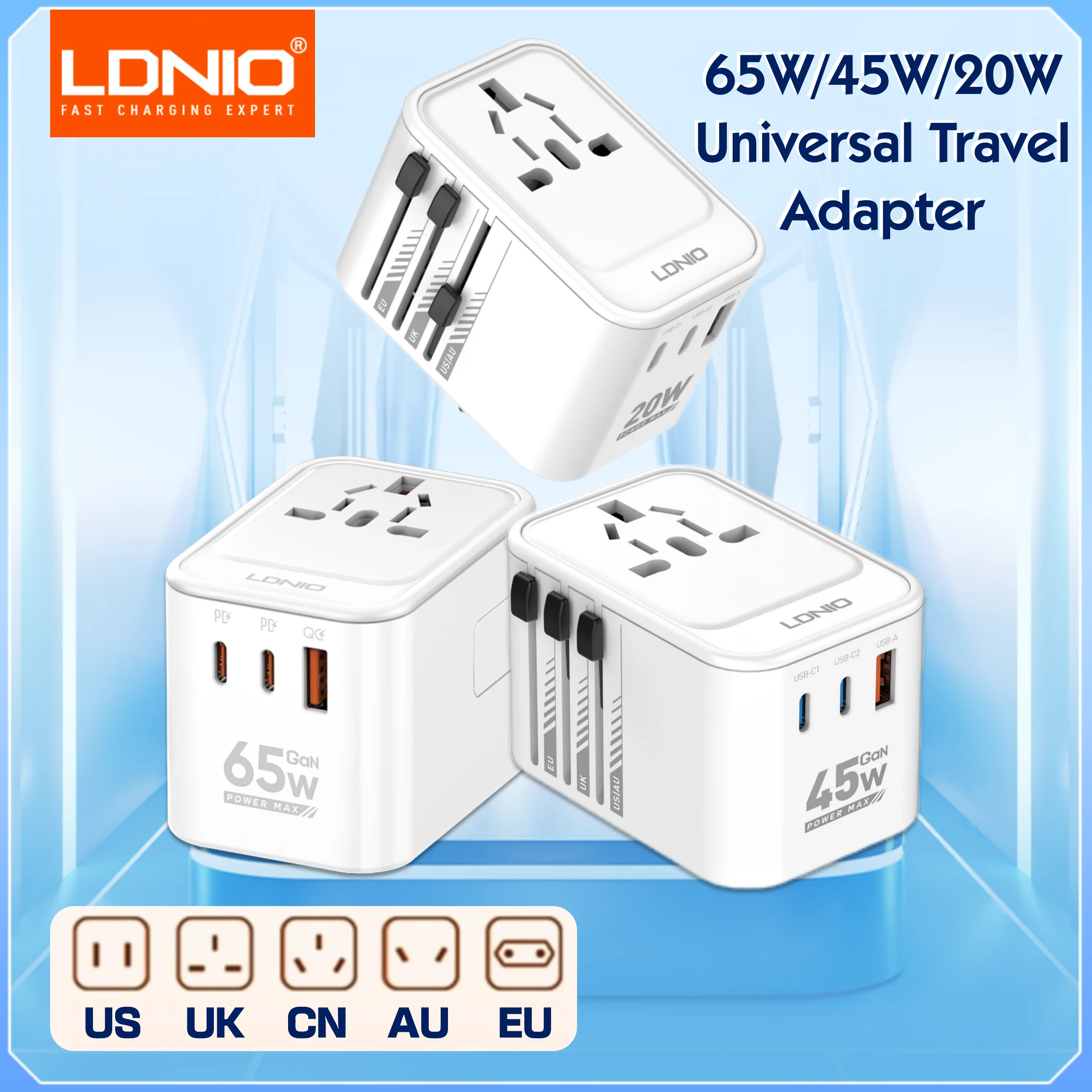

65W 45W 20W GaN Universal Travel Adapter with USB C International Plug Adapter Universal Power Adapter Travel for US EU UK AUS