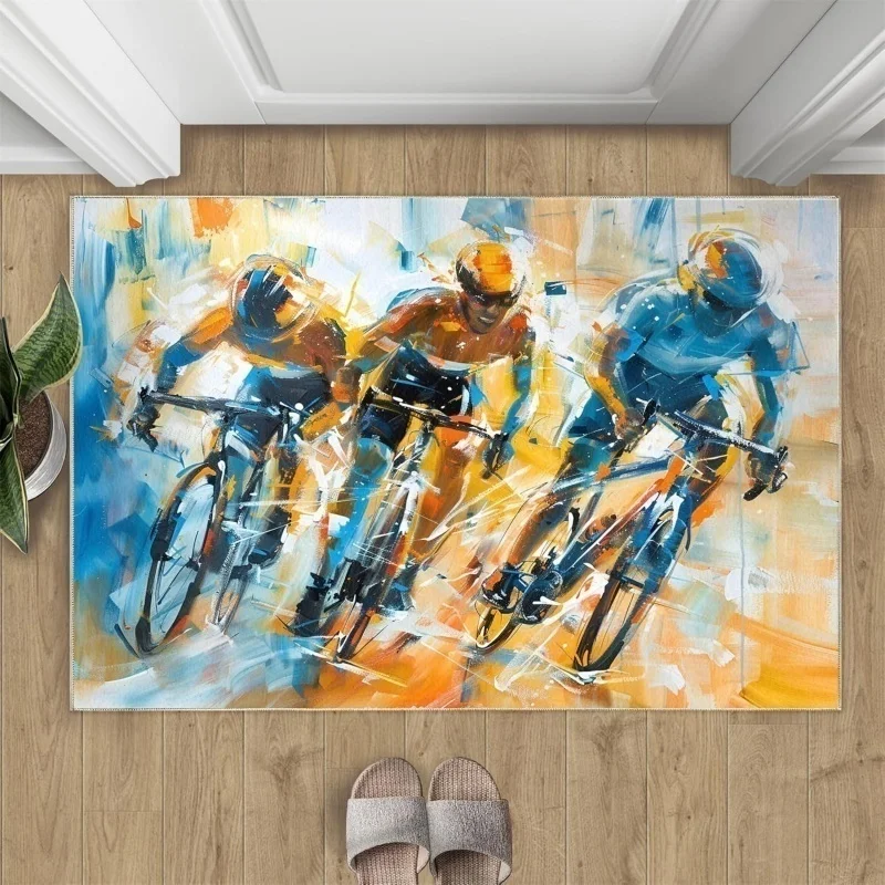 Abstract Oil Painting Cyclist Race Doormat Dynamic Biking Athlete Art Print Non Slip Entrance Rug For Entryway Sports Room Decor