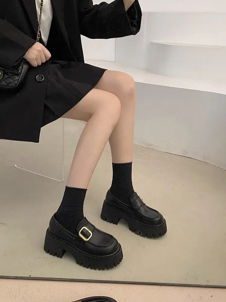 

Women's Autumn Winter Leather Shoes Thick Sole High Heel Round Toe French Japanese Style Retro Mary Jane Loafers Niche JK