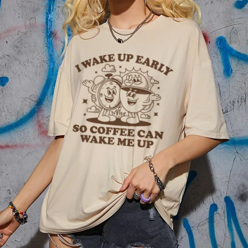 Retro Cartoon Coffee Tshirts Funny Cute Coffee Lover T-Shirts Caffeine Addict Women Tees Foodie Breakfast Shirt Unisex Clothing