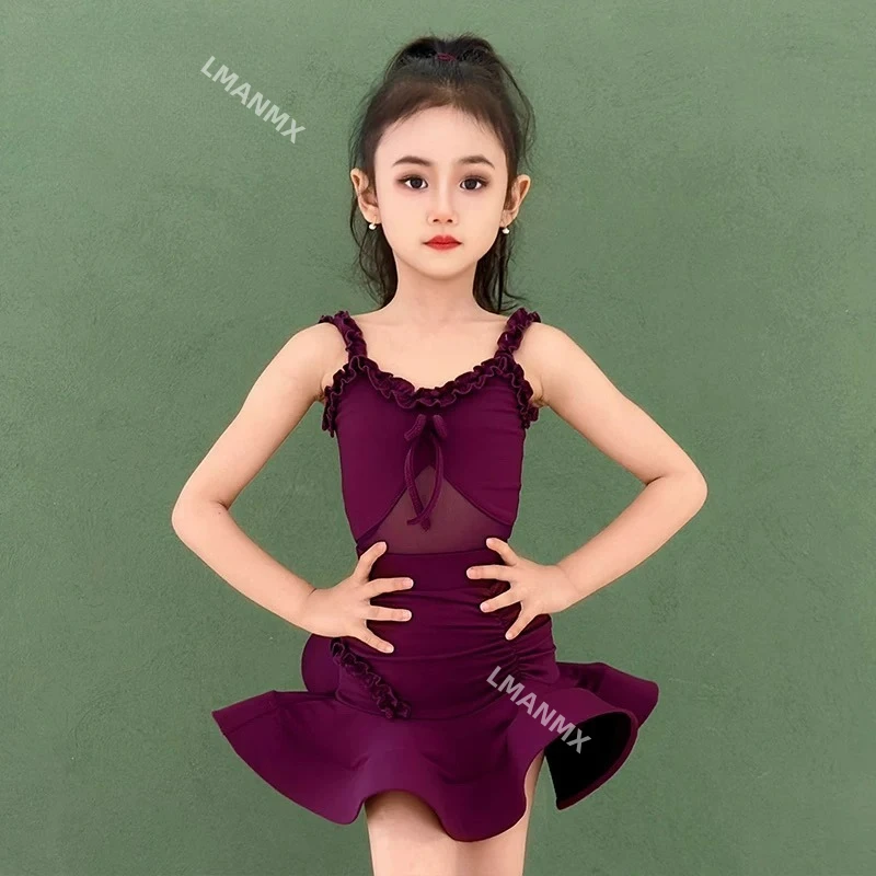 

Платье для латинских танцев, лето 2024, высококачественное платье для выступлений на бретельках для детей и девочек, комплект тренировочных платьев