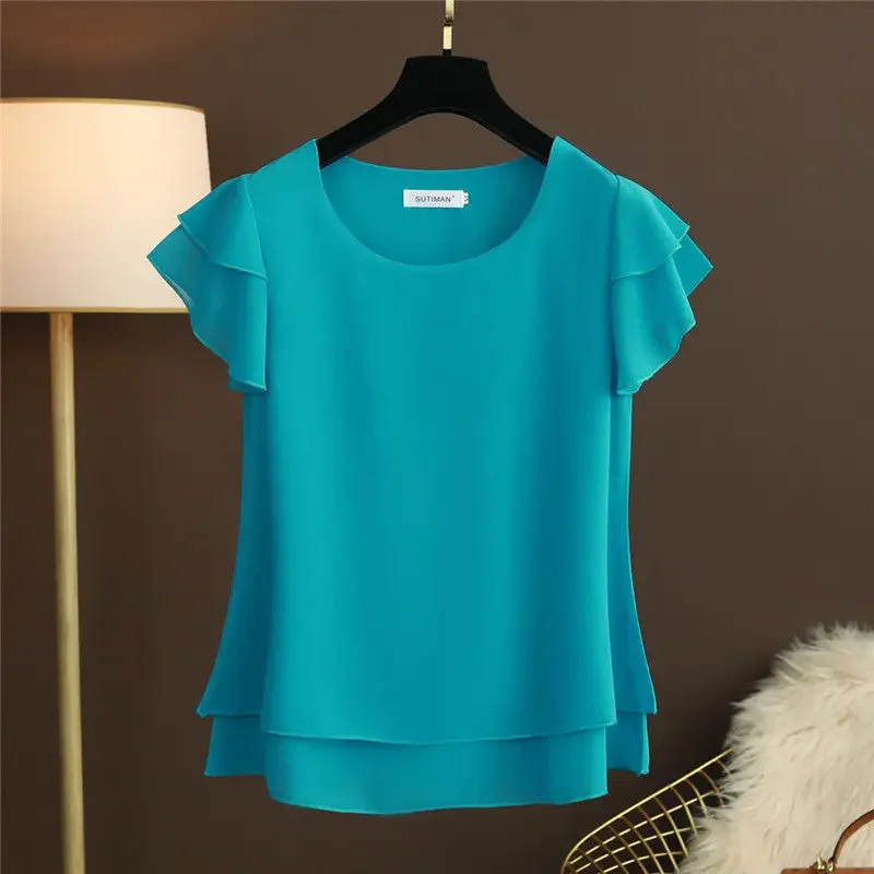 Fashion Summer Women Blouse Loose O-Neck Chiffon Shirt Female Short Sleeve Shirts Women Tops Oversized blusas mujer de moda 2022