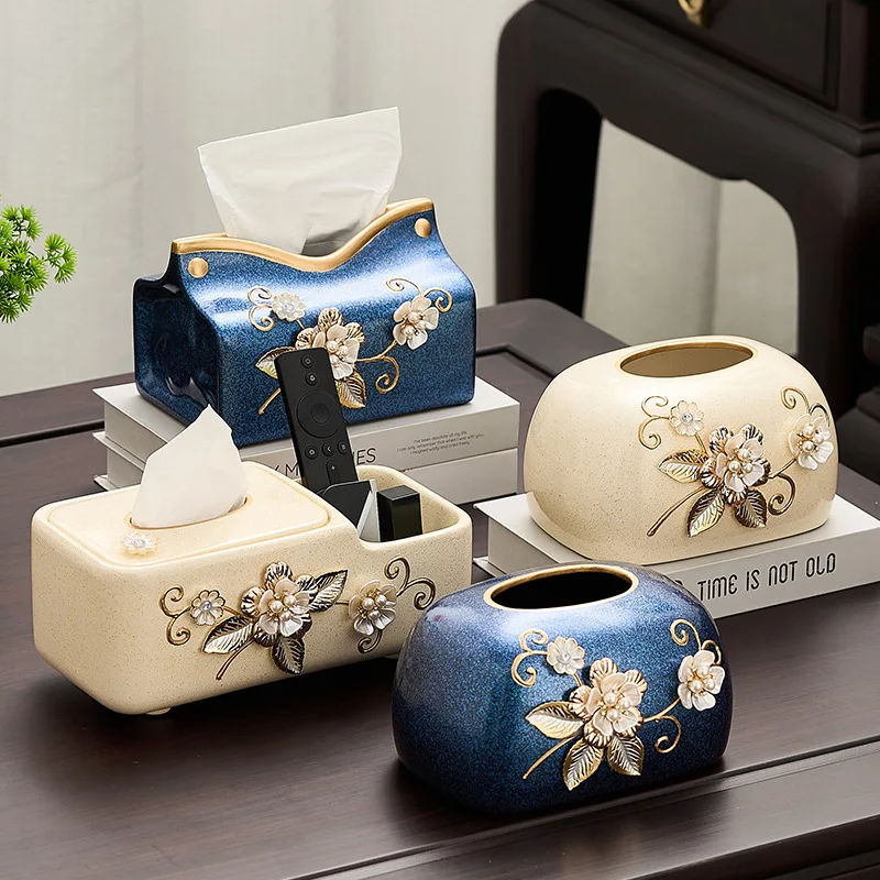 DSA New Chinese Style Ceramic Tissue Box, Living Room Coffee Table Ornament, Light Luxury High-End Creative Home Lunch
