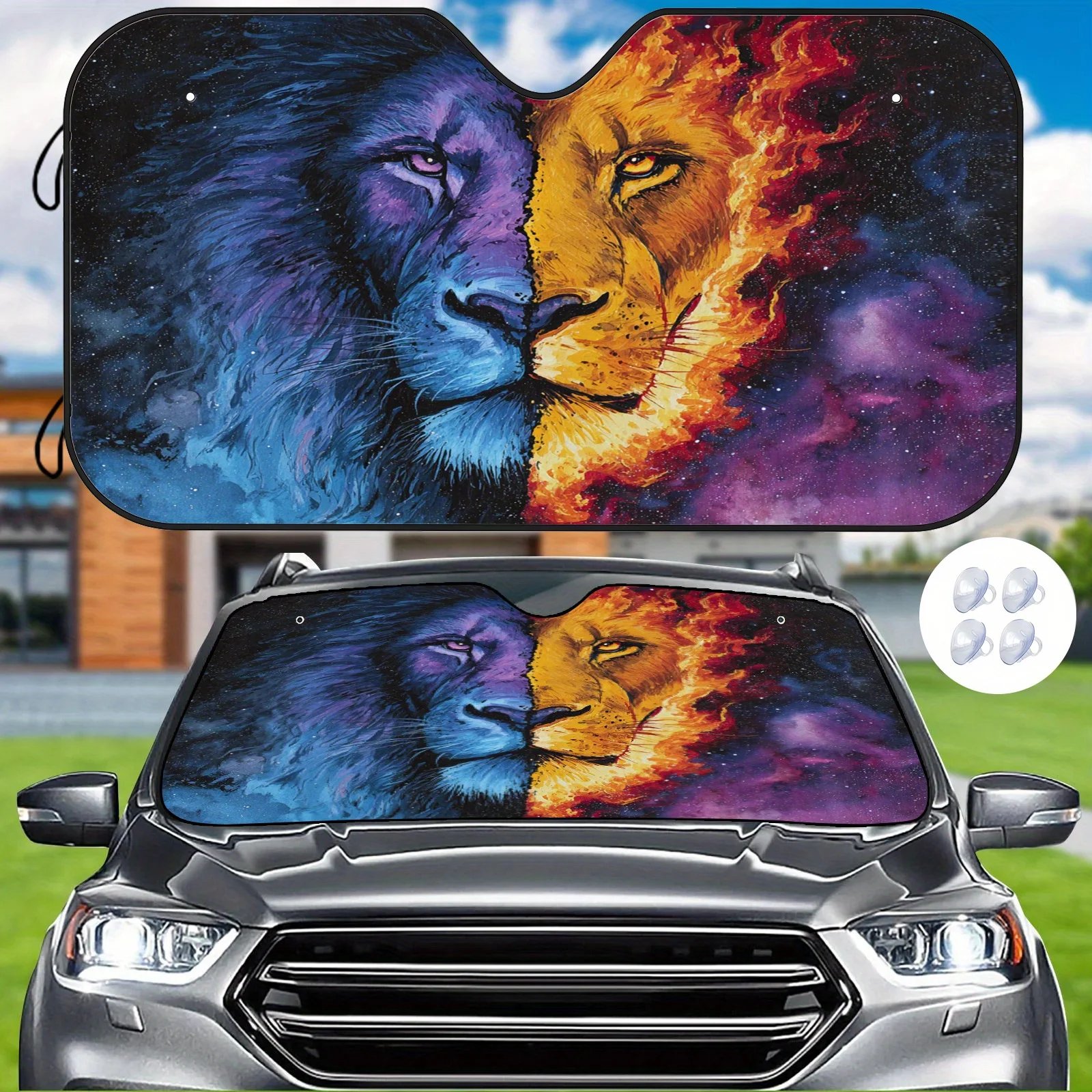 Twin Lion Color-Block Car Sunshade, Ice And Fire Cosmic Element Design, Heat Insulation And Light Blocking, Equipped With 4 Suct