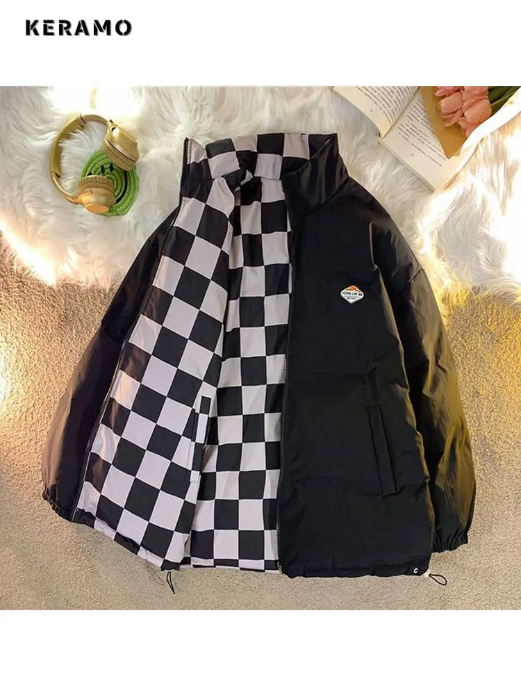 Winter Women Plaid Padded Jacket Double-sided Checkerboard Loose Oversize Cotton-padded 2023 Winter Harajuku Thickened Warm Coat