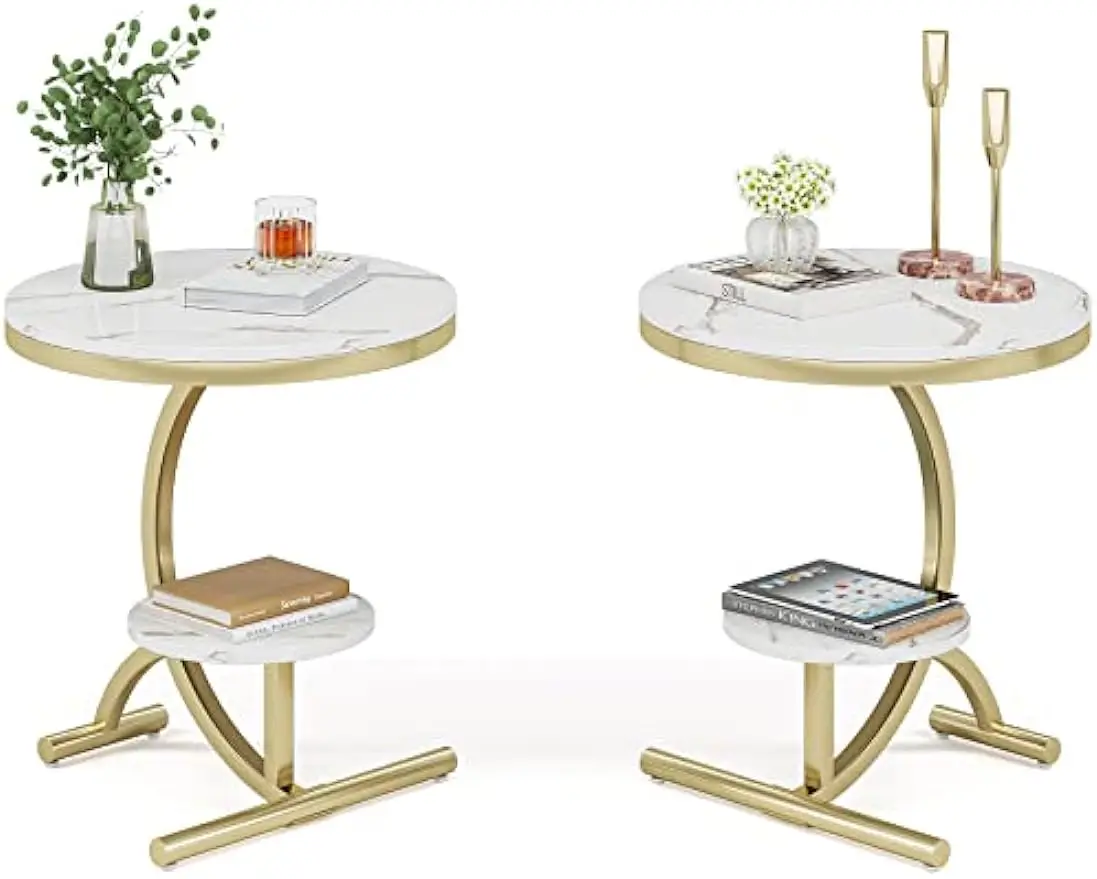 Faux Marble End Table Set of 2, 2-Tier Round Sofa Side 20'' Beside with Storage Shelf C-Shaped Legs, Coffee Cocktail Snack Table