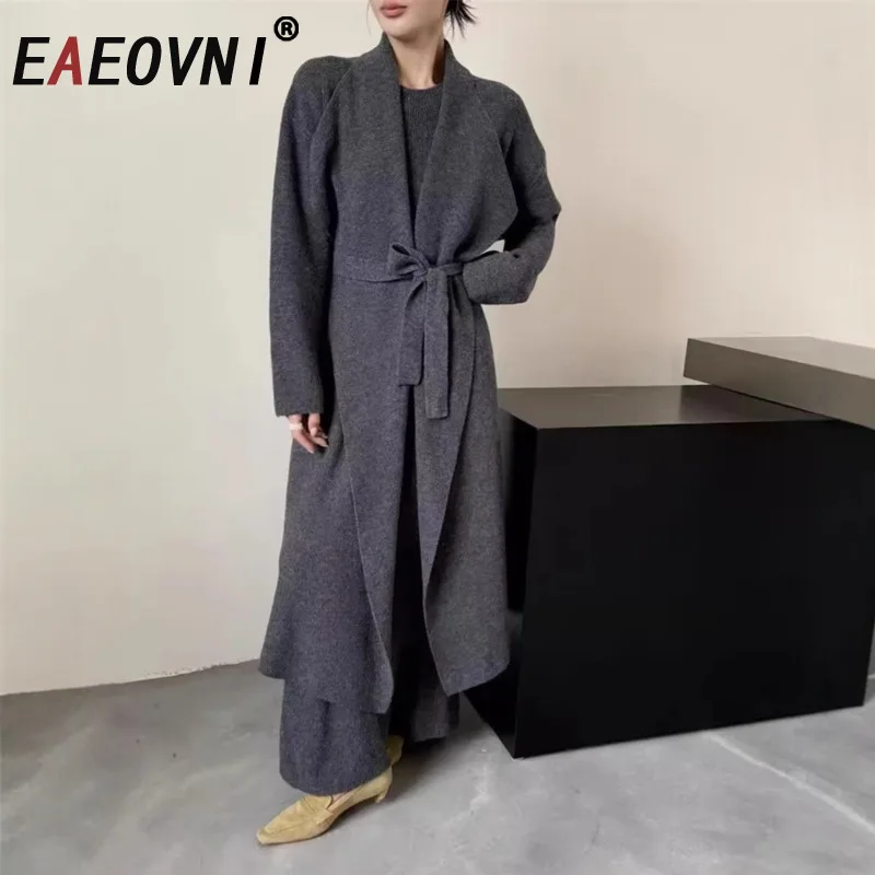 EAEOVNI 우아한 니트 2피스 세트 여성 솔리드 롱 가디건 코트 민소매 슬림 드레스 기품 있는 가을 겨울 신상 세트