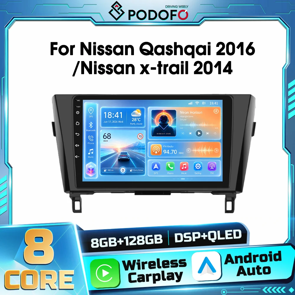 Autoradio Android 2DIN con controllo vocale AI Podofo per Nissan Qashqai 2016 e Nissan X-Trail 2014, Carplay wireless, Autoradio, Navigazione GPS, Android Auto, WIFI, DSP, Ricevitore FM, RDS,