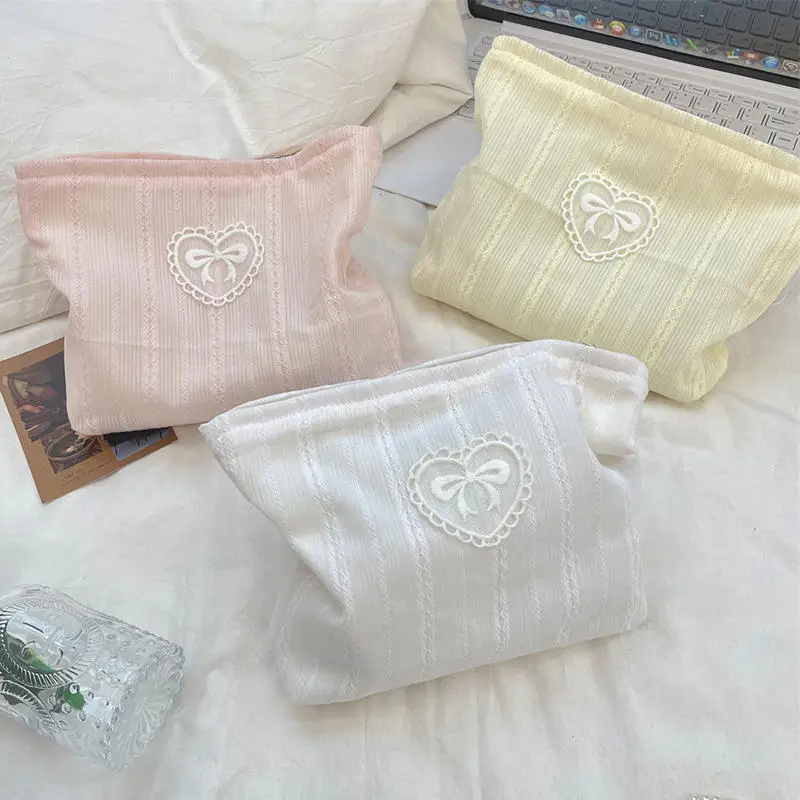 INS Korean Cosmetic Bag for Girl Sweet Embroidery Bow Striped Makeup Case Portable Travel Earphone Cable Storage Bag