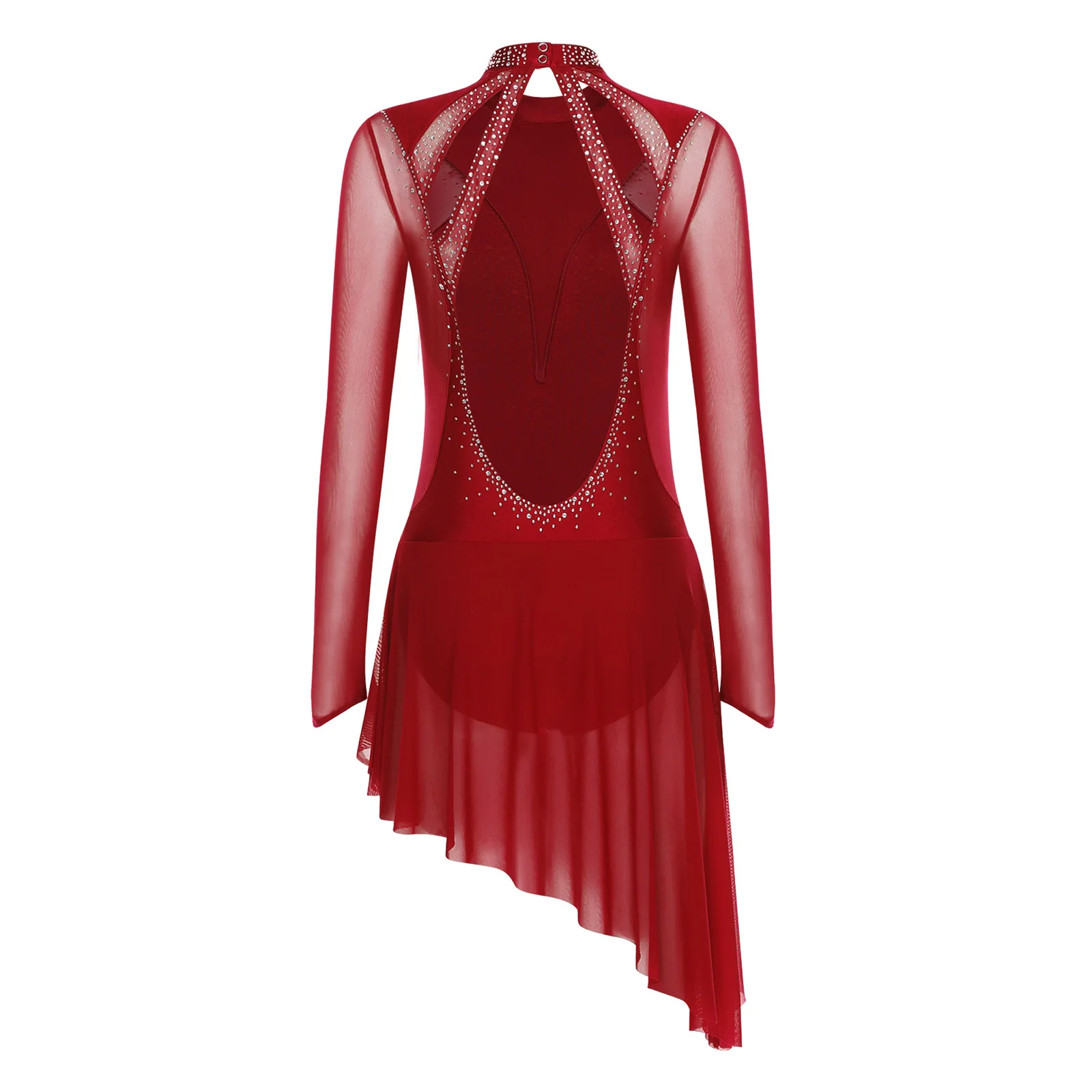 Womens Adult Lyrical Contemporary Dance Dress Sparkly Rhinestone Figure Ice Skating Dress Long Sleeve Fringe Ballerina Costumes