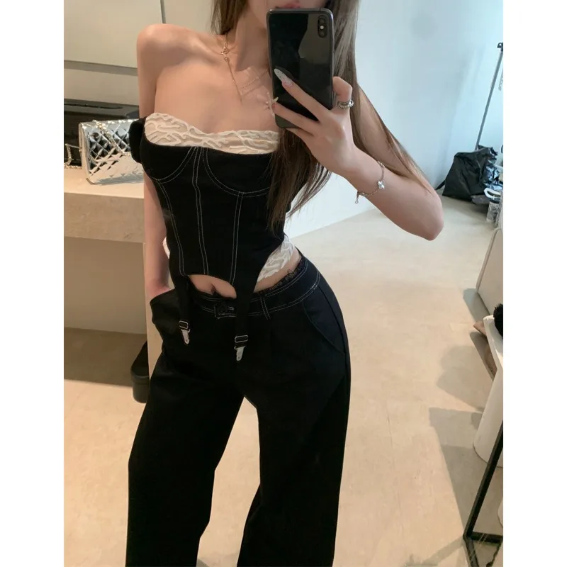 2024 Summer New High Street Contrast Color Lace Splicing Irregular Camisole Women + Loose Casual Wide Leg Pants Two-piece Suit