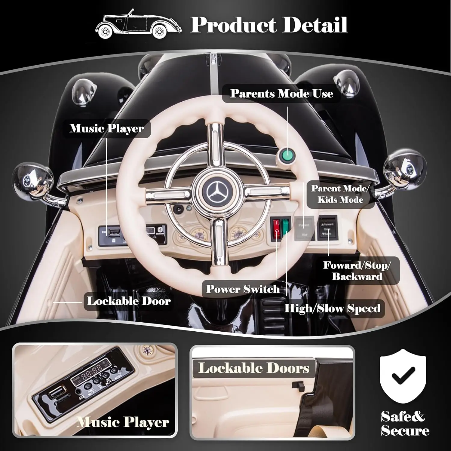 Samochód dla dzieci z pilotem zdalnego sterowania kompatybilny z Mercedes Benz 12V 14Ah Power Vehicles Wheels Parent-Child Max Load 220Ibs R