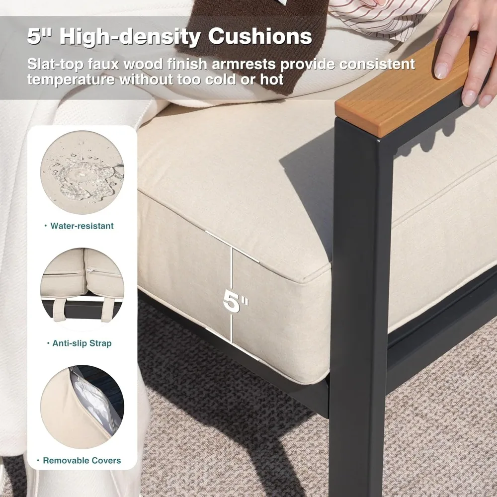 مجموعة أثاث الفناء، مجموعة أثاث خارجي مكونة من 4 قطع مع ظهر مرتفع ومسند للذراع من الخشب الصناعي وسطح الطاولة، خارجي C