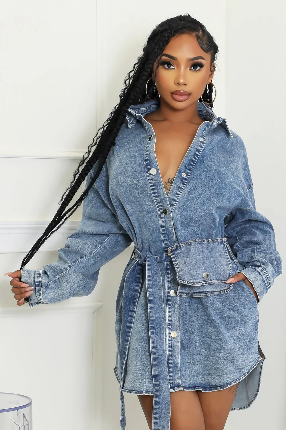 2025 new denim lapel long sleeved single breasted slim fit lace up fashionable street style mid length denim jacket top