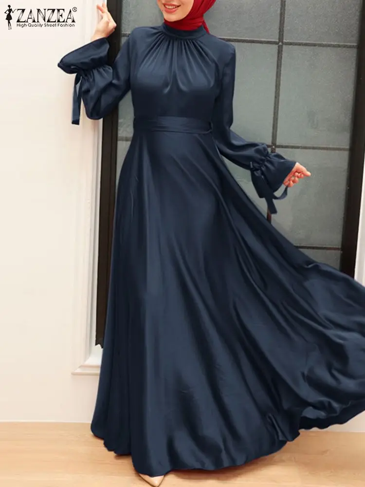 ZANZEA Muslim Fashion Satin Long Dresses Women Elegant Cinched Waist Long Sleeve Hijab Islamic Abaya Robes 2024 Autumn Vestidos