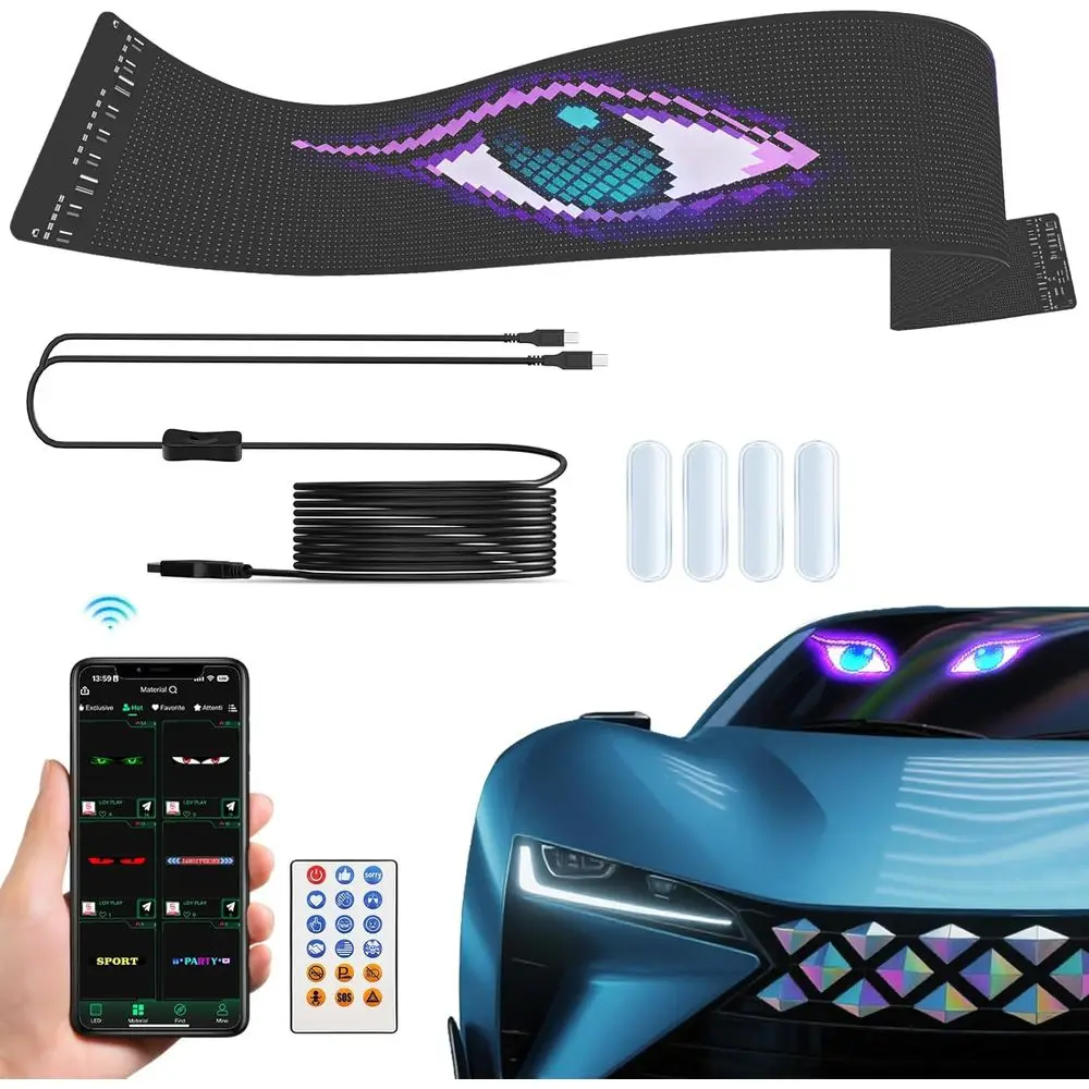

23.6 LED Windshield Devil Eyes with Smart Remote & App Control, Customizable Text & Animation, USB Powered, IP65 Rated Waterproo