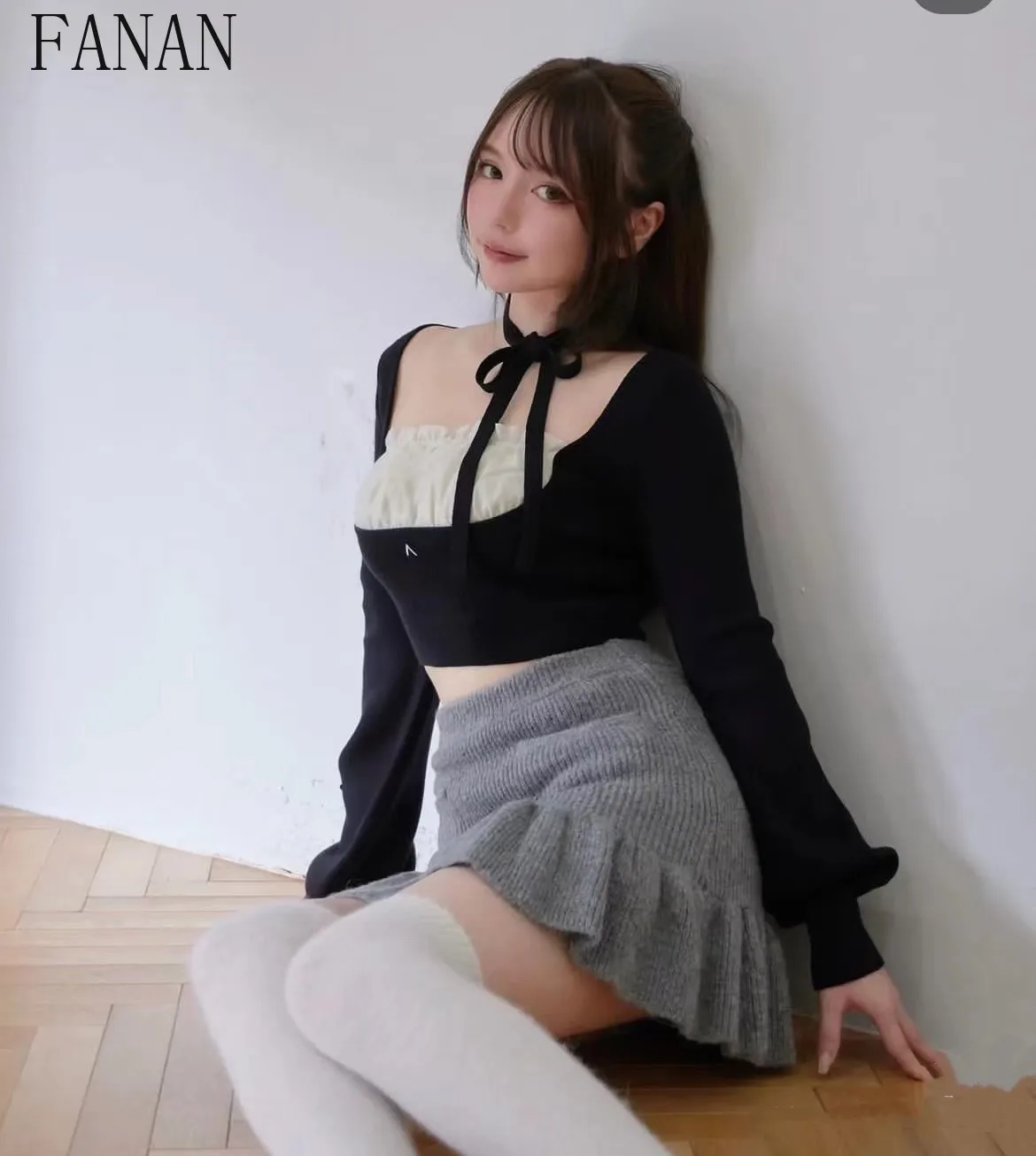 Sweet Girl Halter Ribbon Long Sleeves Tops Japanese Korean Style Fashion Spring Autumn Women's Knitted Pullover