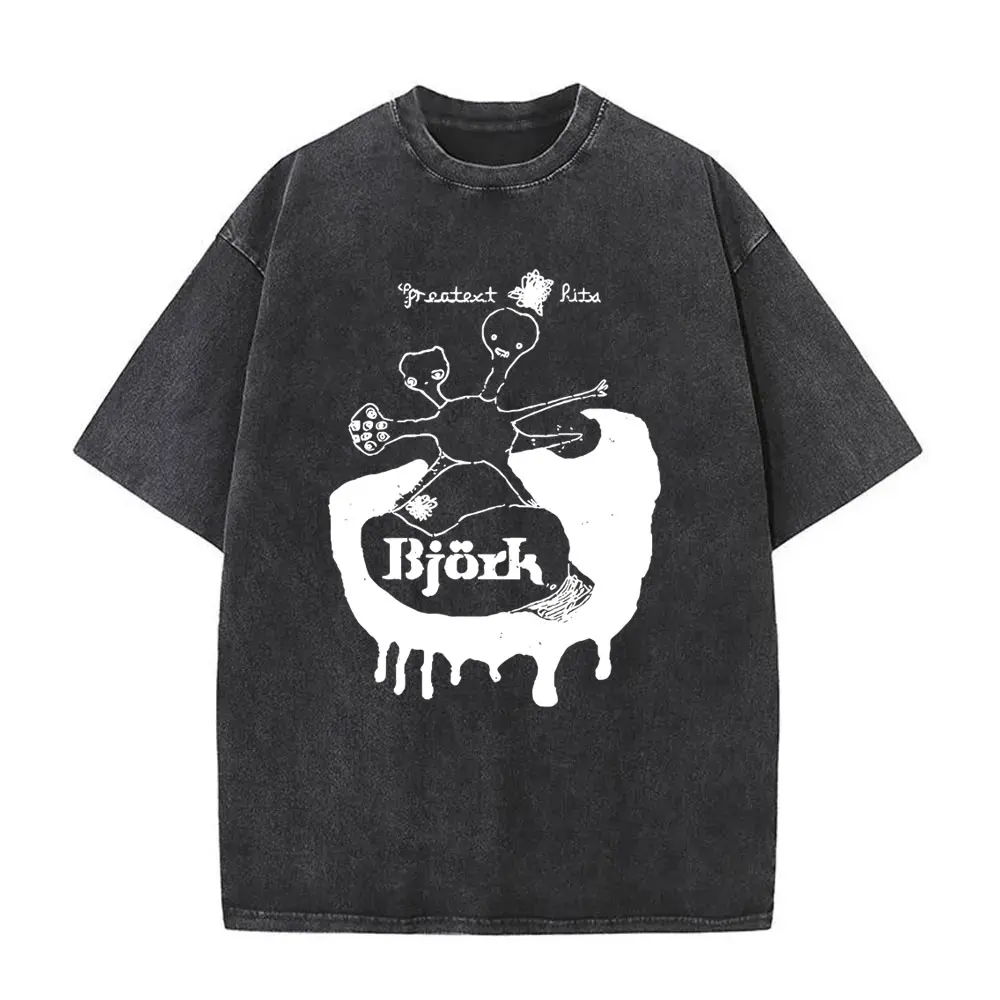 

Washed Vintage Bjork Funny Graphic T-shirt Men Women Fashion Casual Oversized T Shirt Male 100% Cotton T-shirts Y2k Streetwear
