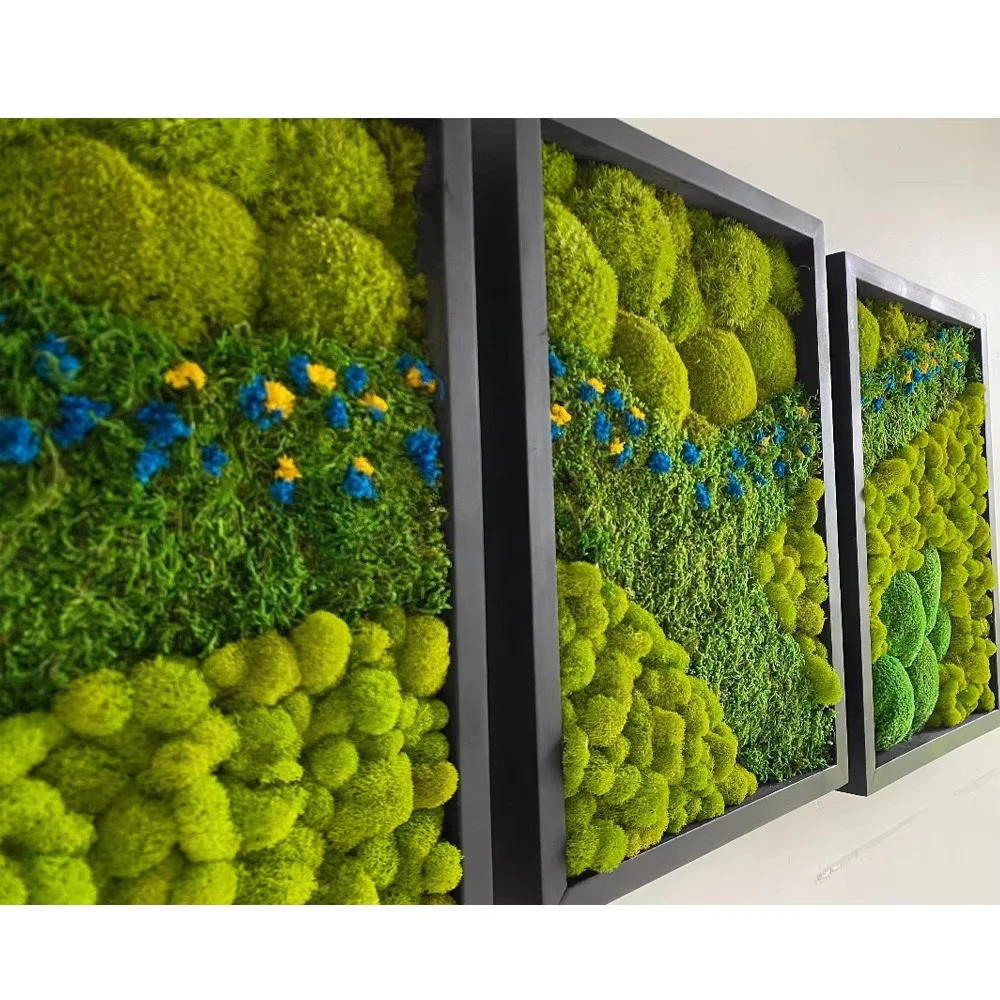 Set 3pcs Size 40X60cm Customized Office Decoration 3D Real Natural Preserved Moss Wall Art Wooden Shadow Box Frame Scenery Metal