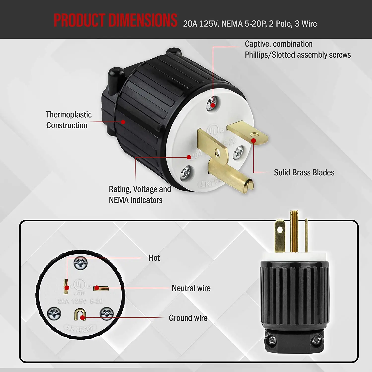 NEMA 5-20P Straight Blade Replacement Plug Connector, Male Extension Cord Ends, 20 Amp, 125 Volt, 2 Pole, 3 Wire Grounding