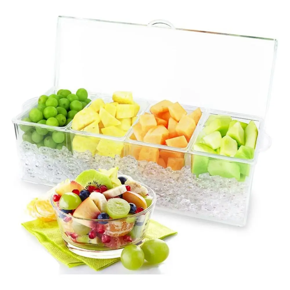 

Ice Chilled Condiment Tray-4 Removable Compartments-Lid Fresh Fruit 4 And 5 Compartment Box Chilled Compartmentalized Spice Tray