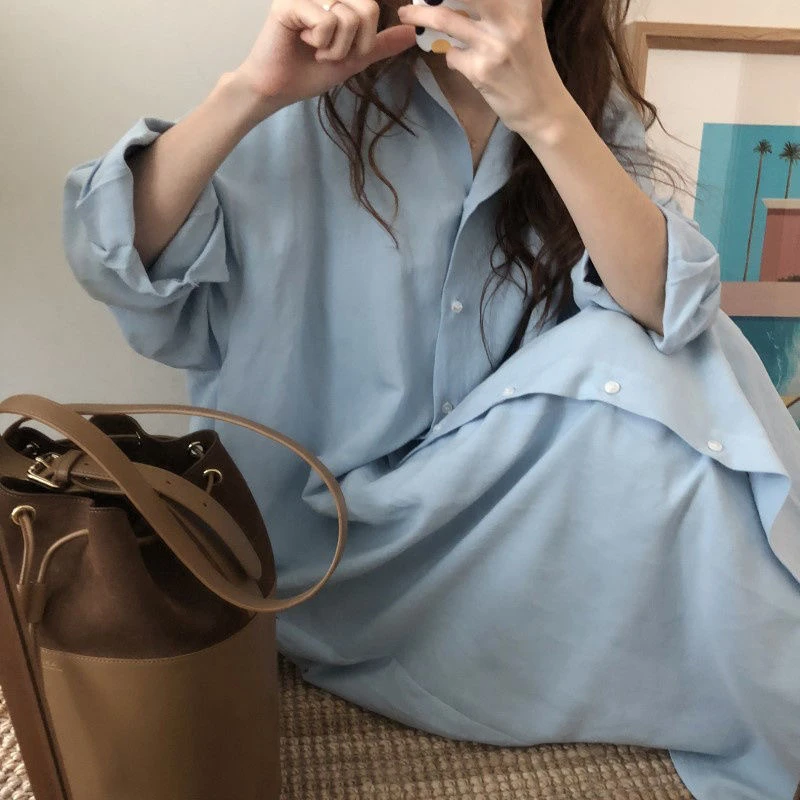 Long Sleeve Long Sleeved Clothing Chic Single Breasted Women Blue Shirt Dress Fashion Tide Pink Robe 2024 Autumn