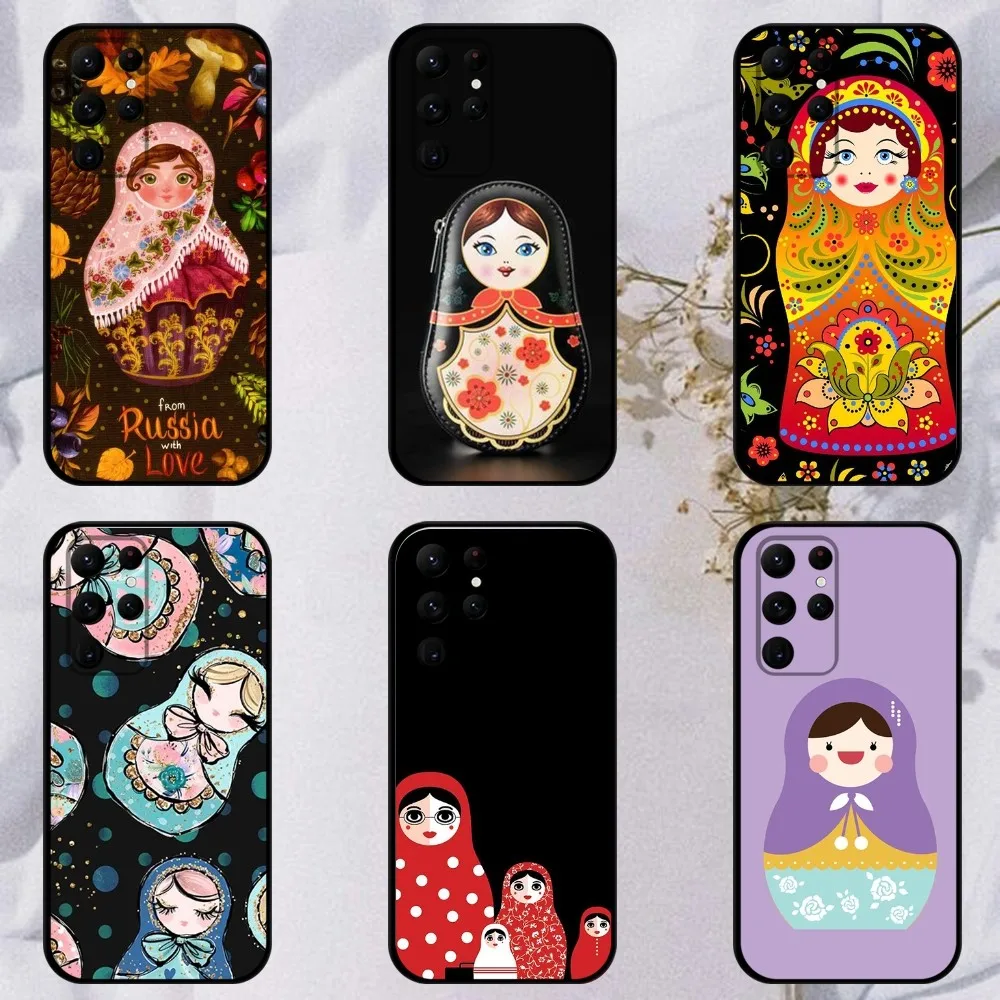 Russian Nesting Doll Cartoon  Phone Case For Samsung S23,23,22,30,21,10,9,Note20 Ultra,Lite,Ultra,5G,Plus,FE,Black Soft Case