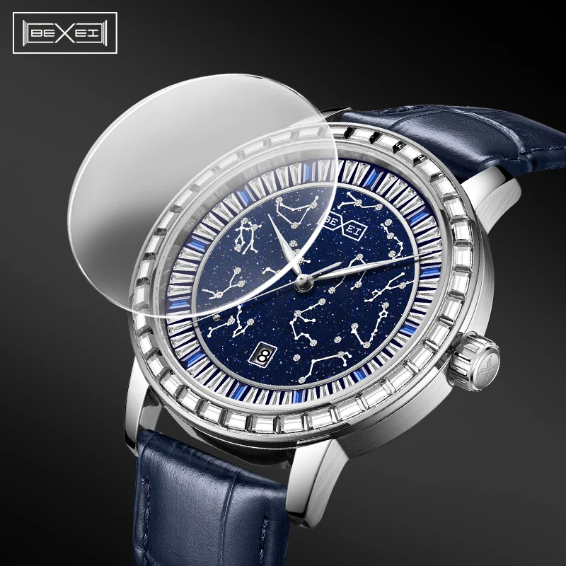

BEXEI 9192 Automatic Man watch Mechanical Luminous Astronomy Dial Square Diamond Ring Wristwatch Fashion Date Men's Watch