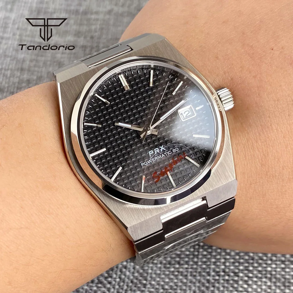 Tandorio Sapphire 40mm Prx Style Mechanical NH35 Men's Stainless Steel Automatic Watch Date Sterile Wristwatch Exhibition Back