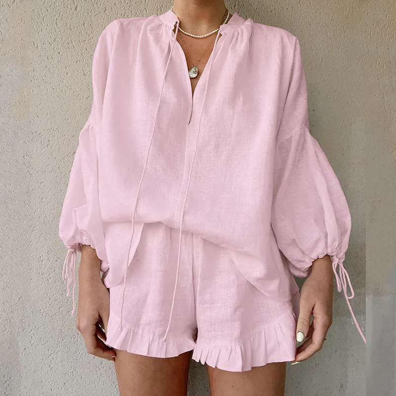 2024 Cotton Linen Loose Two Piece Set Women's V-neck Tie Up Top + Shorts Beach Suit Casual Solid Long Sleeved Commuting Outfits