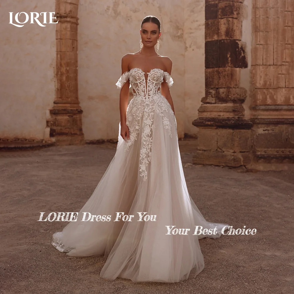 LORIE فساتين زفاف الشاطئ الدانتيل قبالة الكتف ثلاثية الأبعاد الزهور فستان العروس زين الأميرة فستان الزفاف vestidos de novia مخصص