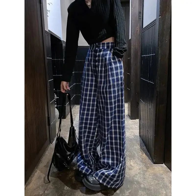 2025 New Spring Retro Blue Plaid Button Pants Women High Waisted Casual Female Students Loose Niche Floor Length Wide Leg Pants