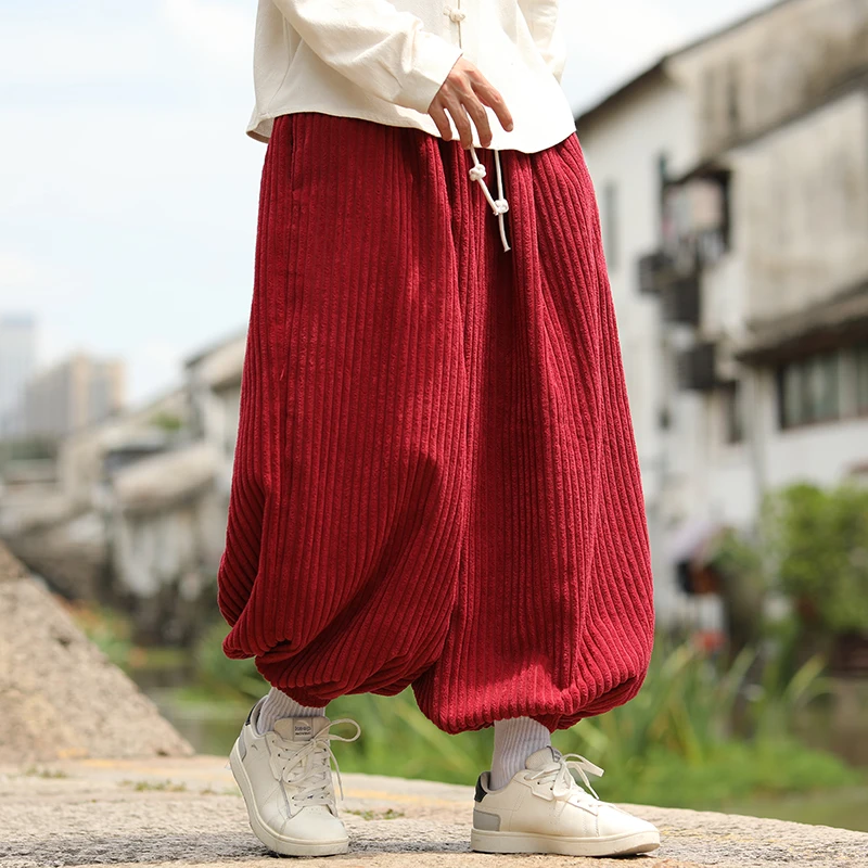 Autumn Winter Corduroy Pants Men Loose Casual Trousers Streetwear Harem Pants Solid Elastic Waist Couple Hip Hop Pants
