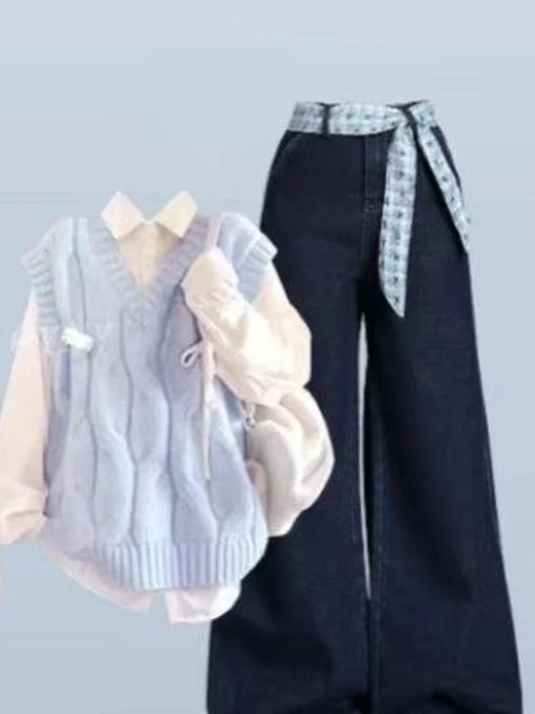 

Early Autumn 2025 New Style Light Blue Vest Shirt College Style Layering Two-Piece Set Youthful Sensation Small Size Friendly